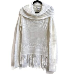 American Rag Women’s Ivory Knit Sweater with Fringe Hem Cowl Neck Women Size M.